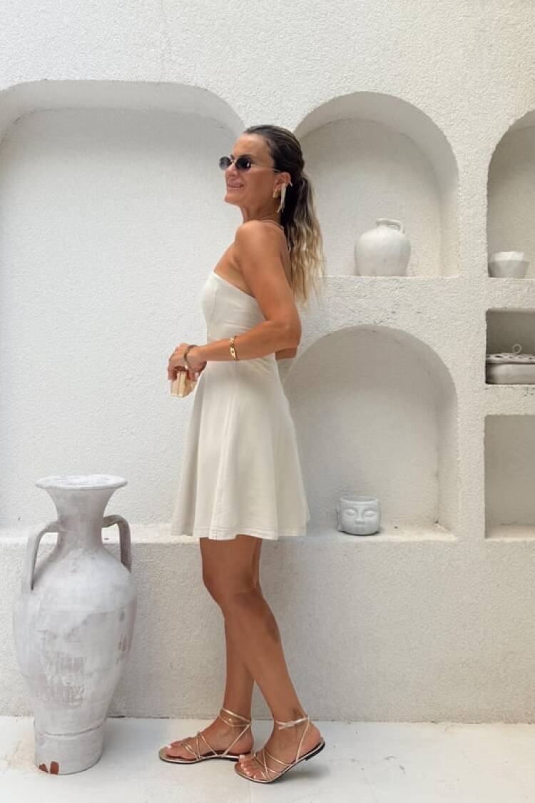 Beige Fit And Flare Mini Dress With Square Neck