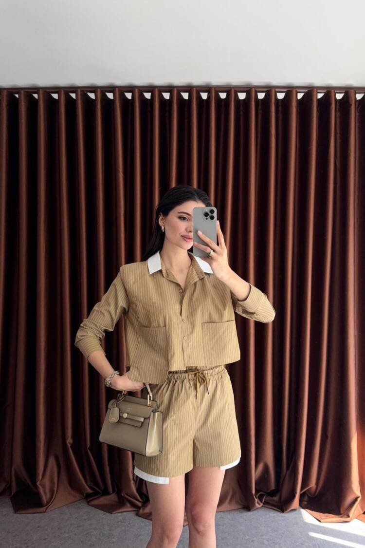 Beige Striped Paper Bag High Waist Shorts - Brand: Cream Rouge - Women's Clothing Wholesale - Globality Store