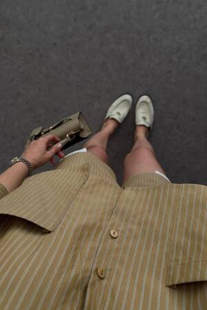 Beige Striped Paper Bag High Waist Shorts - Brand: Cream Rouge - Women's Clothing Wholesale - Globality Store