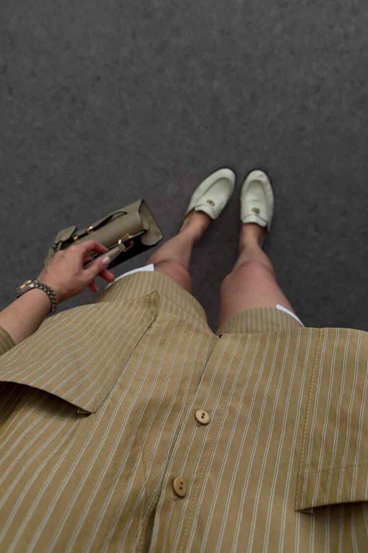 Beige Striped Paper Bag High Waist Shorts