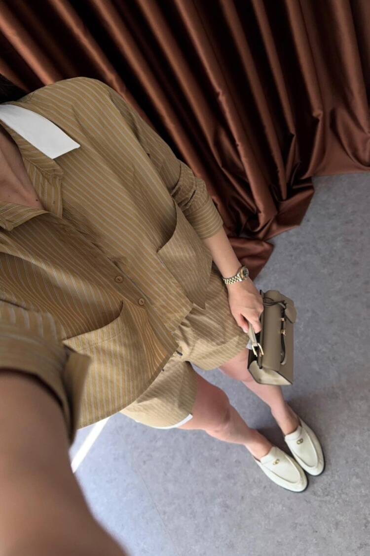 Beige Striped Paper Bag High Waist Shorts