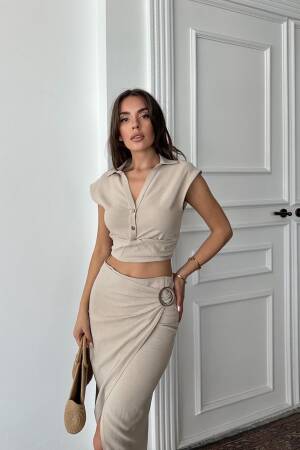 Beige Elegant Slim Fit Wrap Midi Skirt Set - Brand: Elisa - Women's Clothing Wholesale - Globality Store