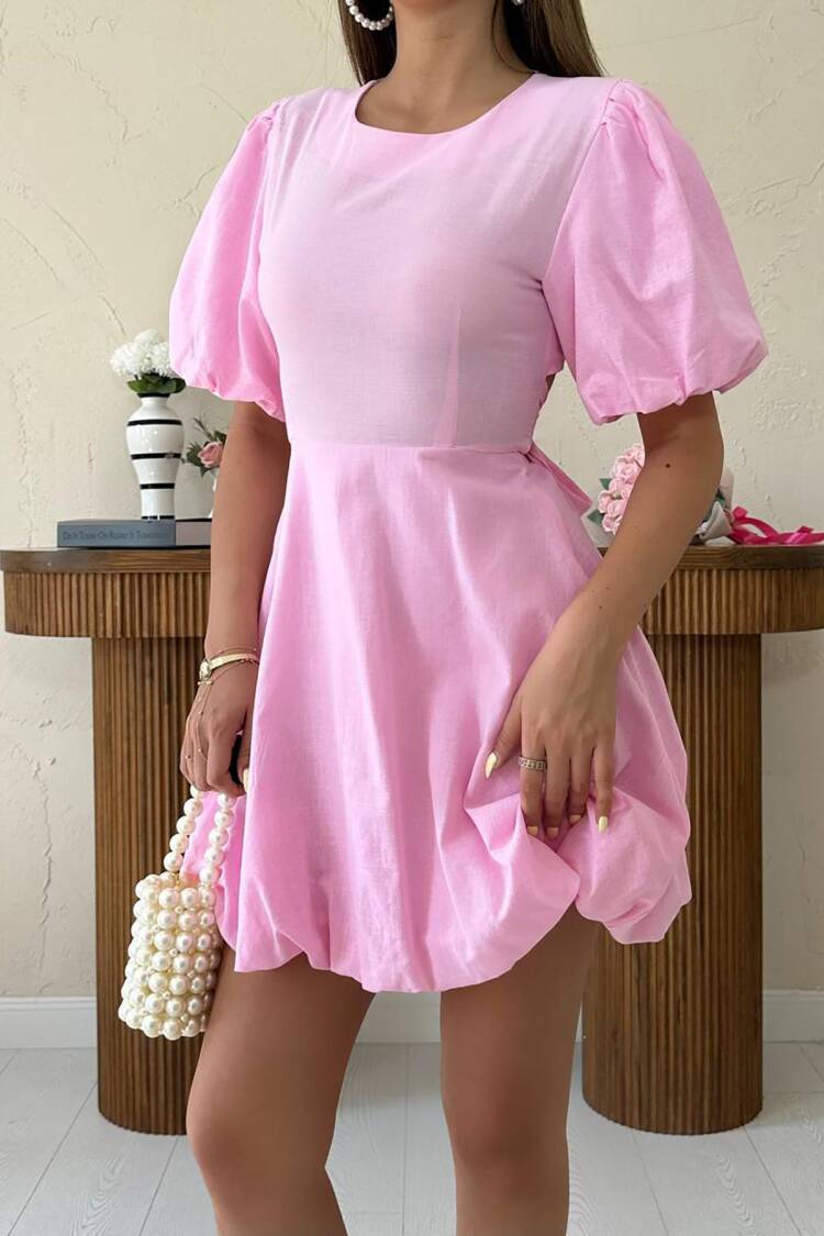 Fit And Flare Mini Dress With Puff Sleeves