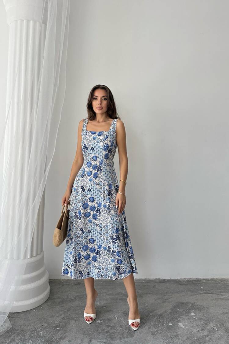 Floral A-Line Midi Dress With Square Neck - Brand: Elisa - Women's Clothing Wholesale - Globality Store