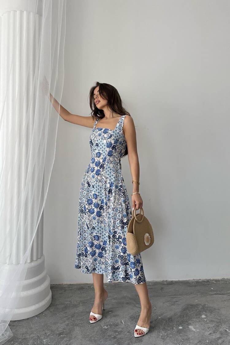 Floral A-Line Midi Dress With Square Neck