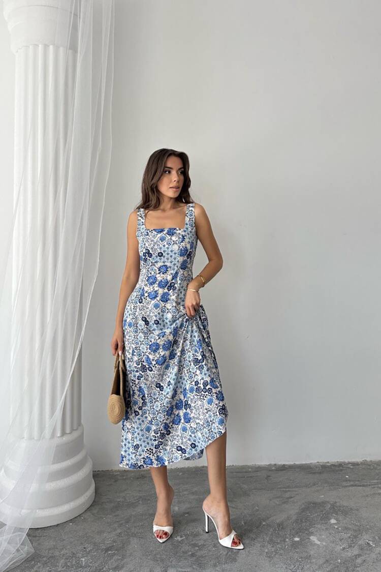 Floral A-Line Midi Dress With Square Neck