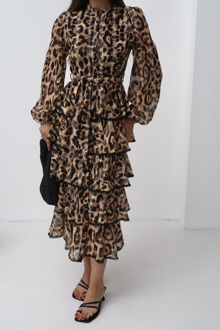 Wholesale Leopard Ruffle Striped Long Dress