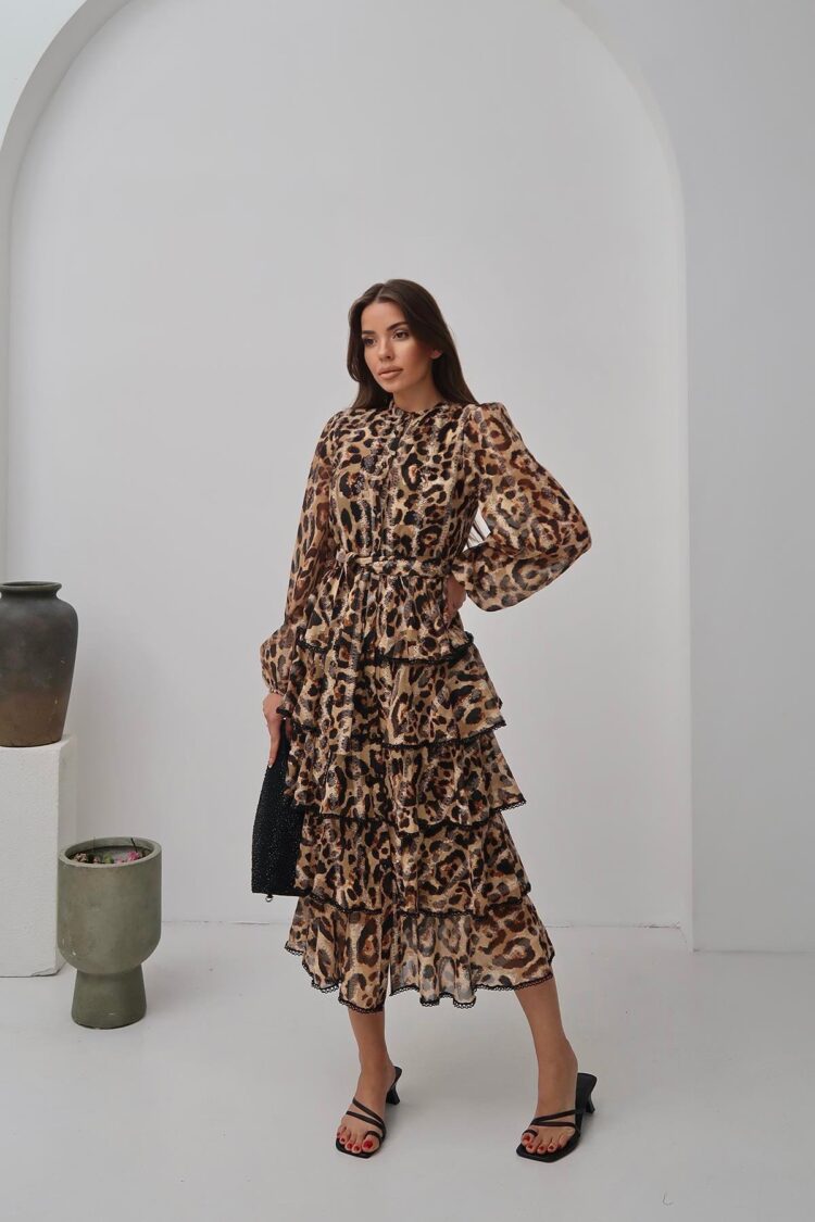 Wholesale Leopard Ruffle Striped Long Dress