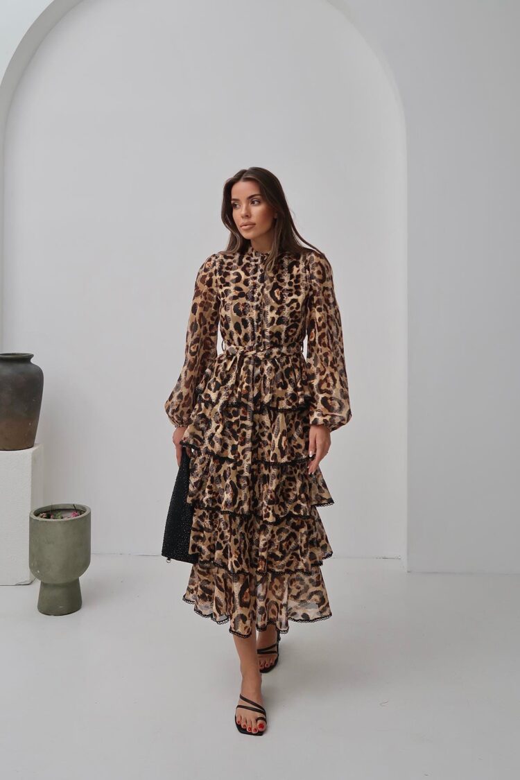 Wholesale Leopard Ruffle Striped Long Dress - Brand: Elisa - Women's Clothing Wholesale - Globality Store