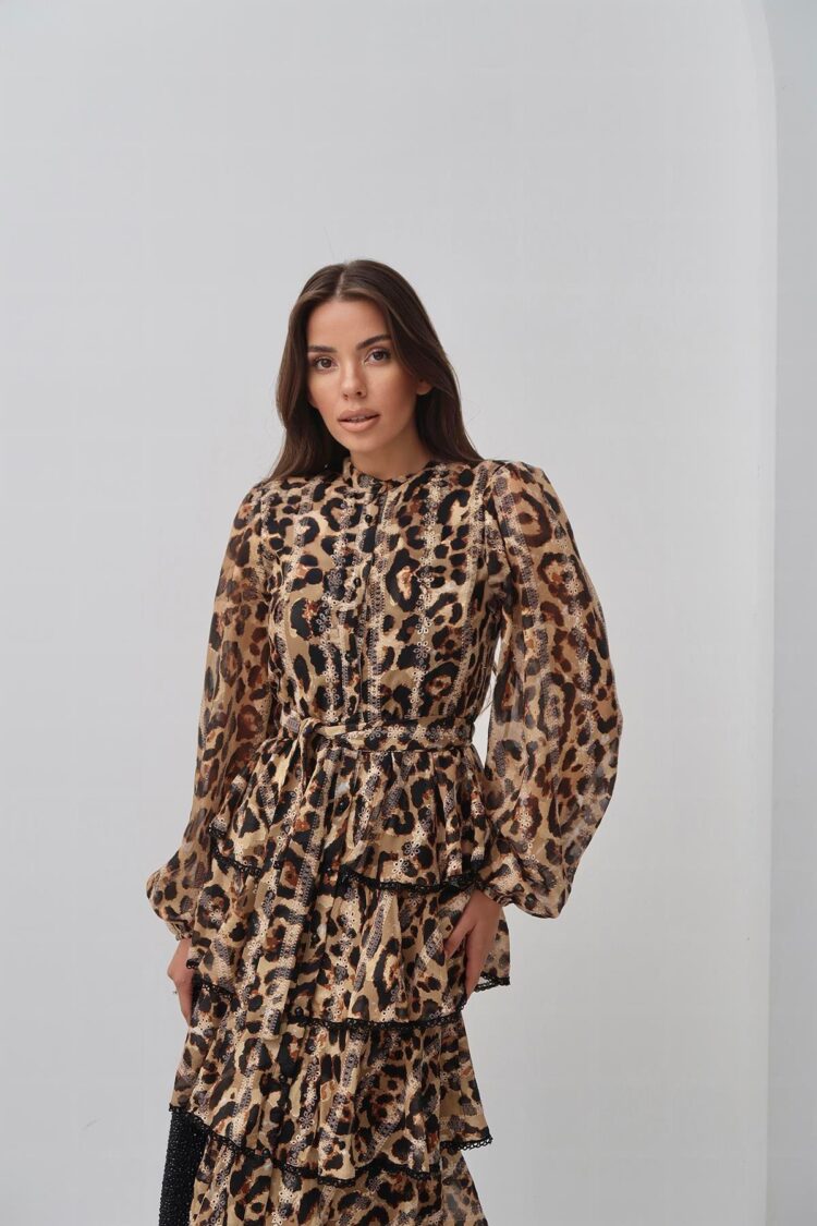 Wholesale Leopard Ruffle Striped Long Dress