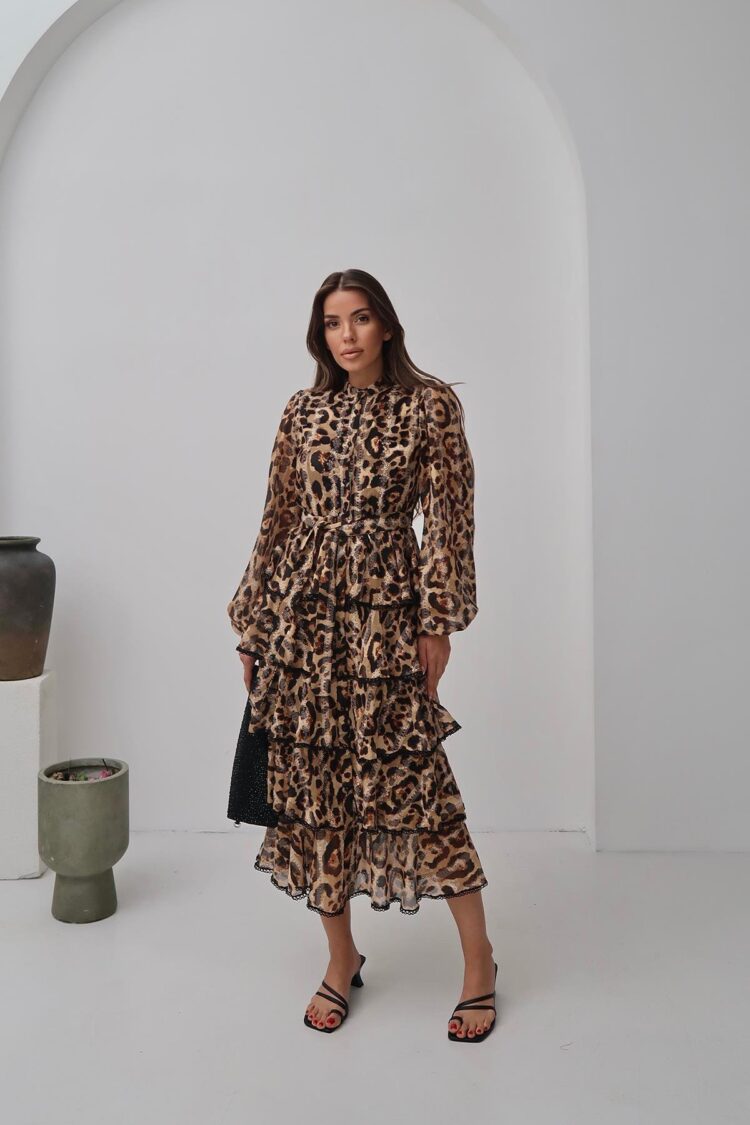 Wholesale Leopard Ruffle Striped Long Dress