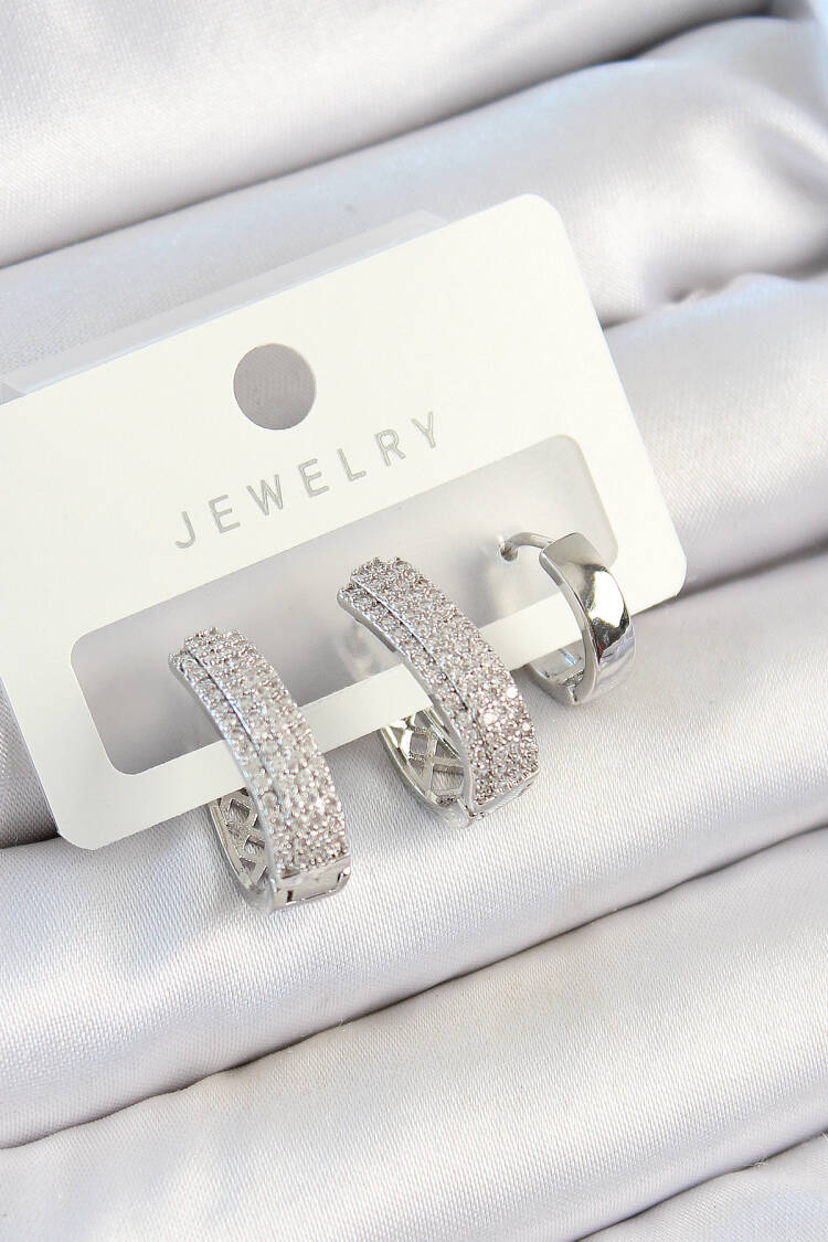 Brass Zircon Stone Drop Pattern Silver Color 3 Pcs Couple Women Earrings Set - Brand: Ebijuteri - Women's Clothing Wholesale - Globality Store