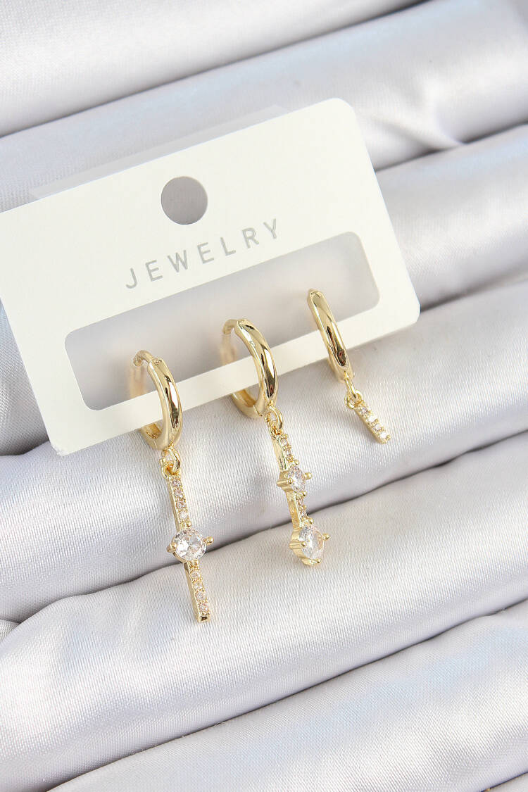 Brass Zircon Stone Rocking Pattern Gold Color 3 Pcs Couple Women Earrings Set - Brand: Ebijuteri - Women's Clothing Wholesale - Globality Store