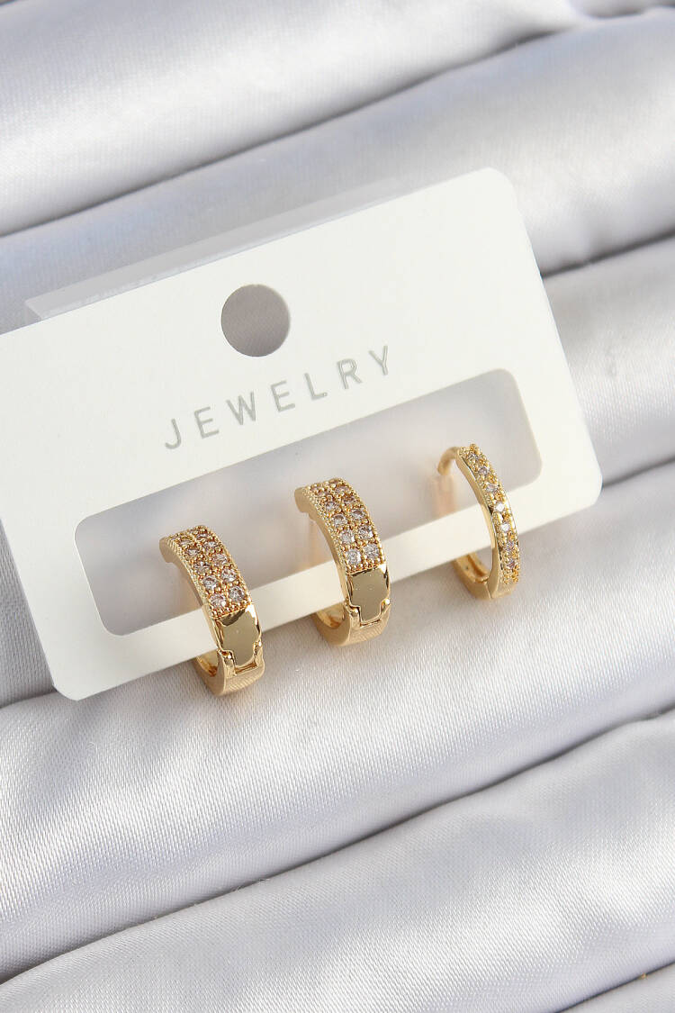 Brass Zircon Stone Ring Model Gold Color 3 Pcs Couple Women Earrings Set - Brand: Ebijuteri - Women's Clothing Wholesale - Globality Store