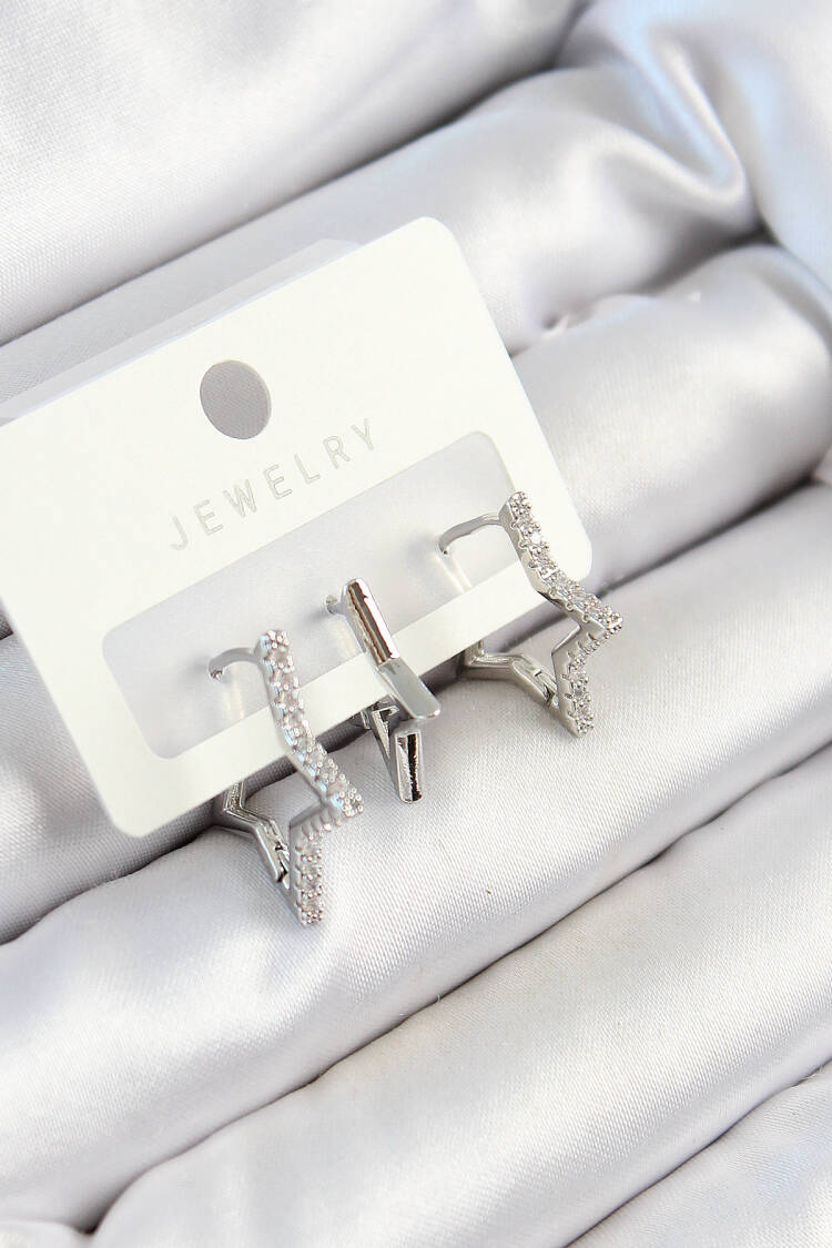 Brass Zircon Stone Star Model Silver Color 3 Pcs Couple Women Earrings Set - Brand: Ebijuteri - Women's Clothing Wholesale - Globality Store