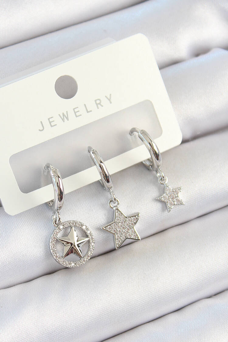 Brass Zircon Stone Star Model Silver Color 3 Pcs Couple Women Earrings Set - Brand: Ebijuteri - Women's Clothing Wholesale - Globality Store