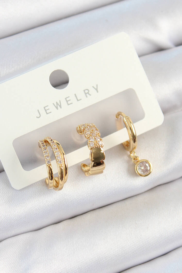 Brass Zircon Stone Ring Model Gold Color 3 Pcs Couple Women Earrings Set - Brand: Ebijuteri - Women's Clothing Wholesale - Globality Store