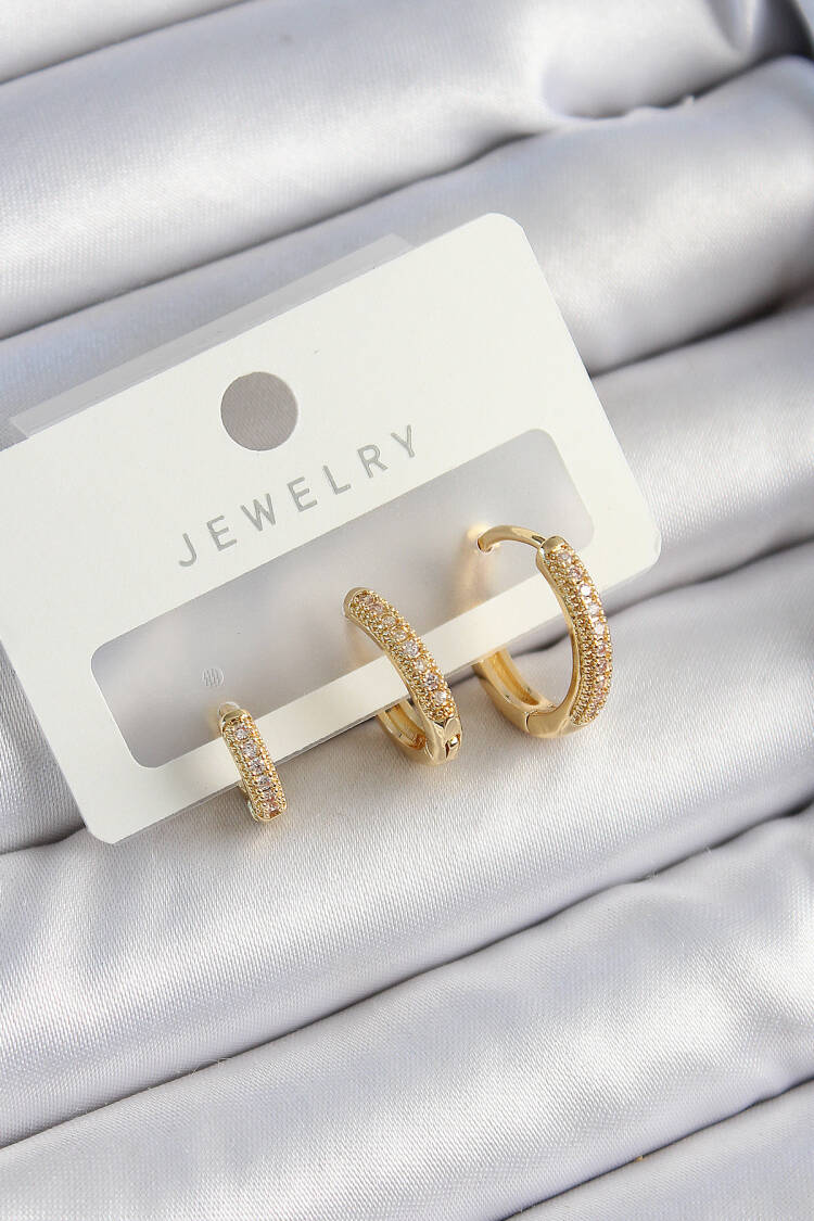 Brass Zircon Stone Ring Model Gold Color 3 Pcs Couple Women Earrings Set - Brand: Ebijuteri - Women's Clothing Wholesale - Globality Store