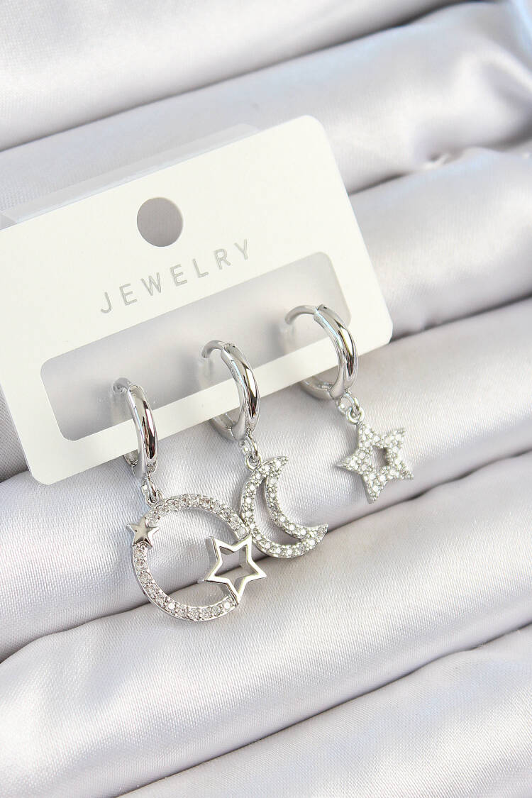 Brass Zircon Stone Moon And Star Pattern Silver Color 3 Pcs Couple Women Earrings Set - Brand: Ebijuteri - Women's Clothing Wholesale - Globality Store