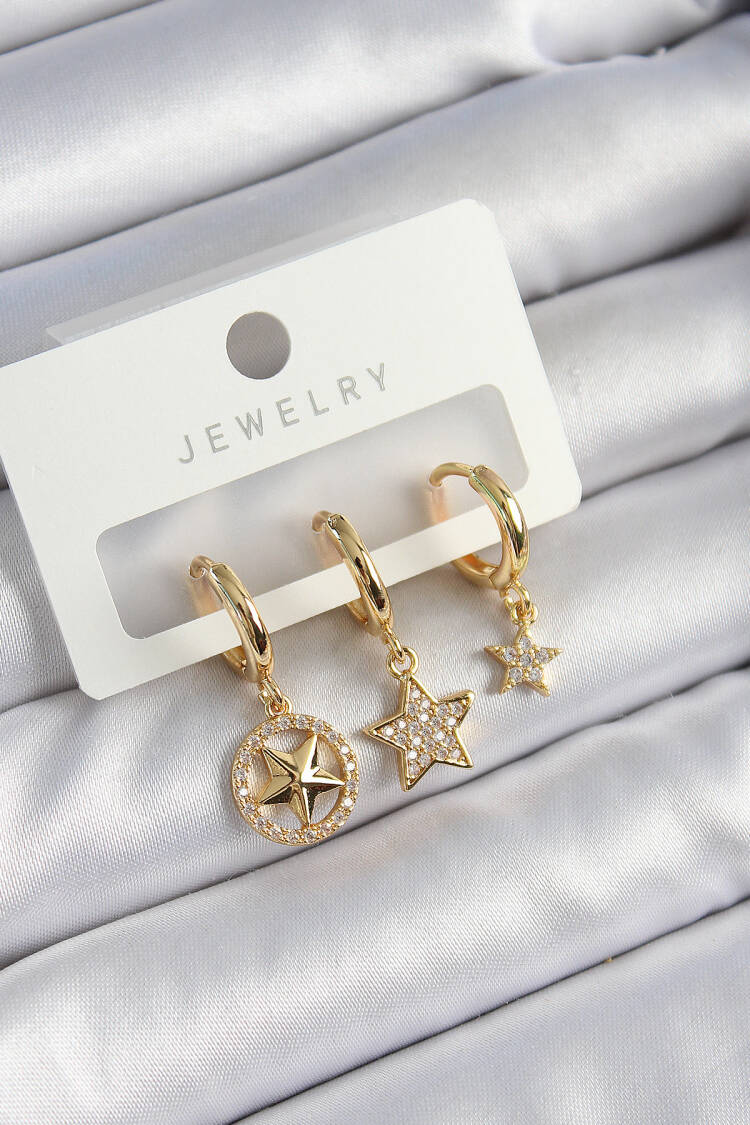 Brass Zircon Stone Star Model Gold Color 3 Pcs Couple Women Earrings Set - Brand: Ebijuteri - Women's Clothing Wholesale - Globality Store