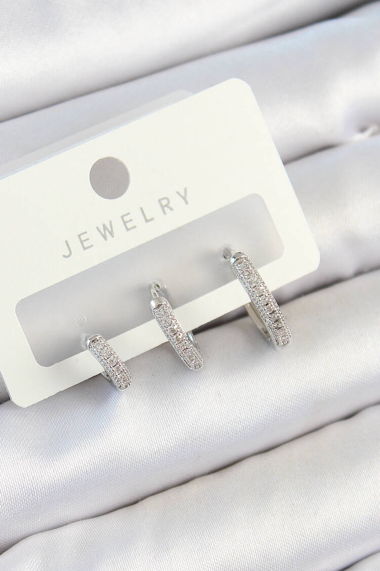Brass Zircon Stone Ring Pattern Silver Color 3 Pcs Couple Women Earrings Set - Brand: Ebijuteri - Women's Clothing Wholesale - Globality Store