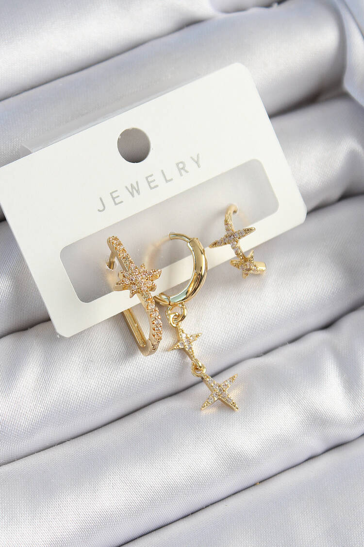 Brass Zircon Stone Star Model Gold Color 3 Pcs Couple Women Earrings Set - Brand: Ebijuteri - Women's Clothing Wholesale - Globality Store