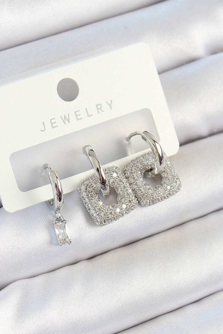 Brass Zircon Stone Square Pattern Silver Color 3 Pcs Couple Women Earrings Set - Brand: Ebijuteri - Women's Clothing Wholesale - Globality Store