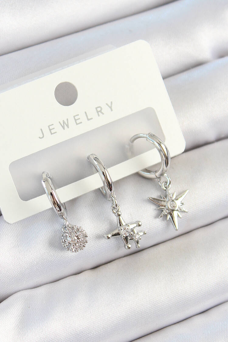 Brass Zircon Stone Pole Star Model Silver Color 3 Pcs Couple Women Earrings Set - Brand: Ebijuteri - Women's Clothing Wholesale - Globality Store
