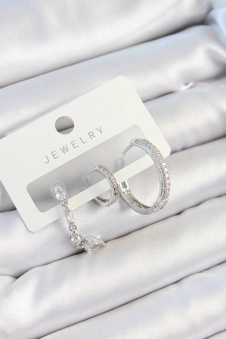 Brass Zircon Stone Rocking Pattern Silver Color 3 Pcs Couple Women Earrings Set - Brand: Ebijuteri - Women's Clothing Wholesale - Globality Store