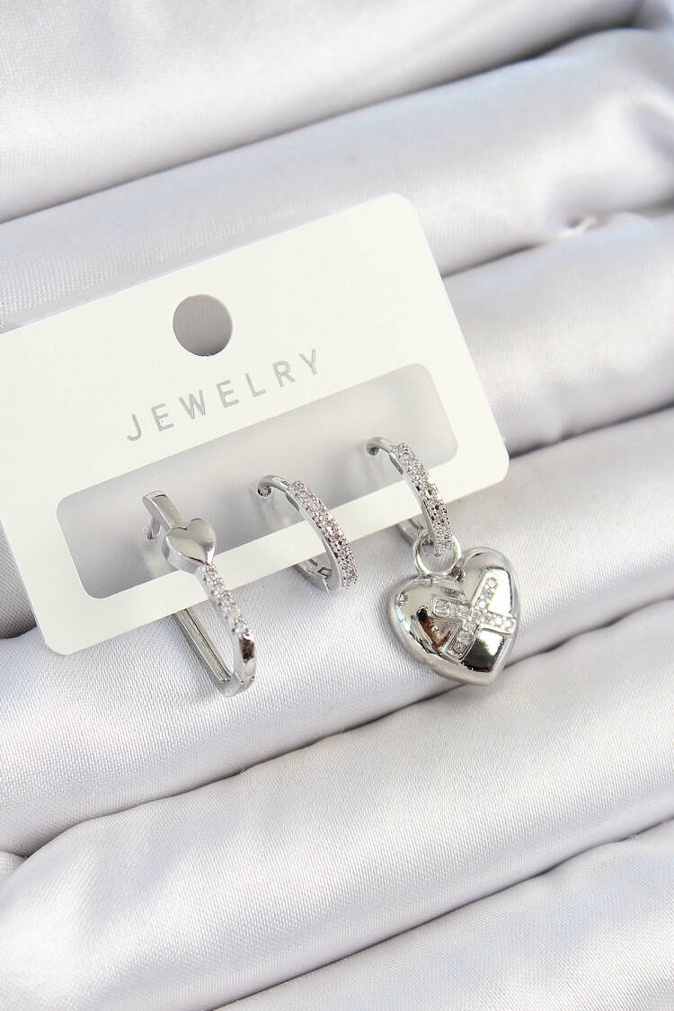 Brass Zircon Stone Heart Model Silver Color 3 Pcs Couple Women Earrings Set - Brand: Ebijuteri - Women's Clothing Wholesale - Globality Store