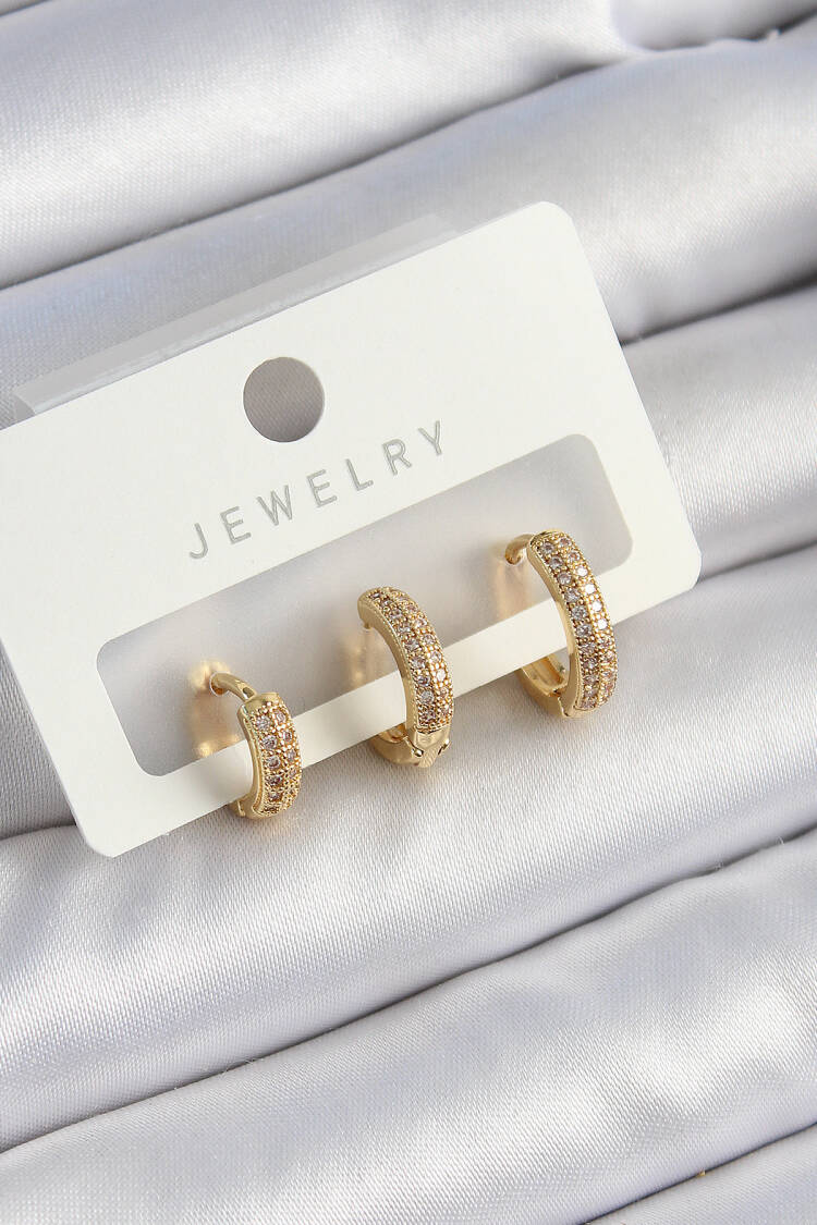 Brass Zircon Stone Star Model Gold Color 3 Pcs Couple Women Earrings Set - Brand: Ebijuteri - Women's Clothing Wholesale - Globality Store