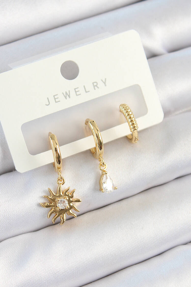 Brass Zircon Stone Sun Model Gold Color 3 Pcs Couple Women Earrings Set - Brand: Ebijuteri - Women's Clothing Wholesale - Globality Store