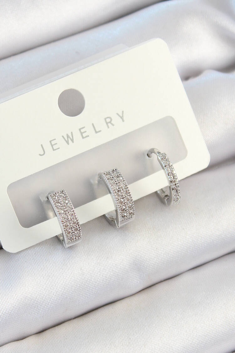 Brass Zircon Stone Ring Pattern Silver Color 3 Pcs Couple Women Earrings Set - Brand: Ebijuteri - Women's Clothing Wholesale - Globality Store