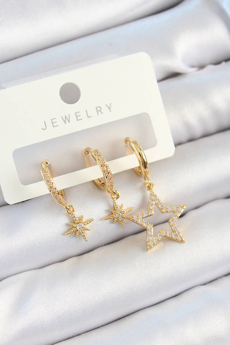 Brass Zircon Stone Star Model Gold Color 3 Pcs Couple Women Earrings Set - Brand: Ebijuteri - Women's Clothing Wholesale - Globality Store