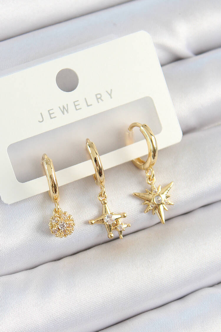 Brass Zircon Stone Star Model Gold Color 3 Pcs Couple Women Earrings Set - Brand: Ebijuteri - Women's Clothing Wholesale - Globality Store