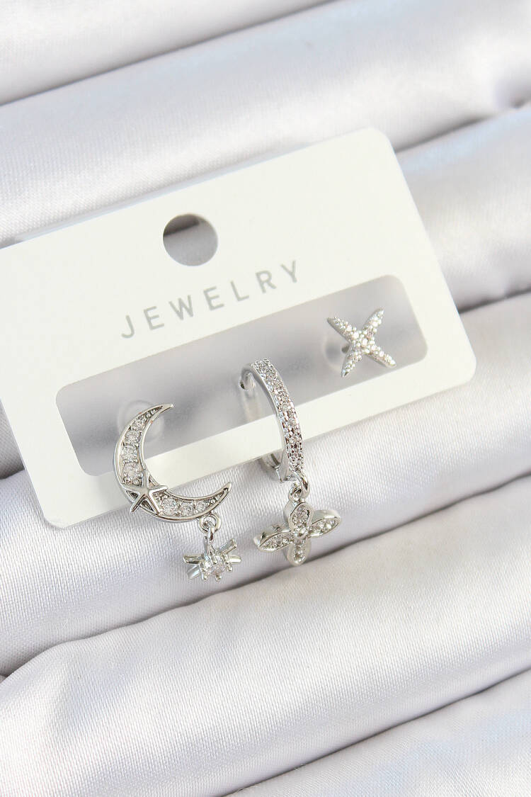 Brass Zircon Stone Flower And Moon Pattern Silver Color 3 Pcs Couple Women Earrings Set - Brand: Ebijuteri - Women's Clothing Wholesale - Globality Store