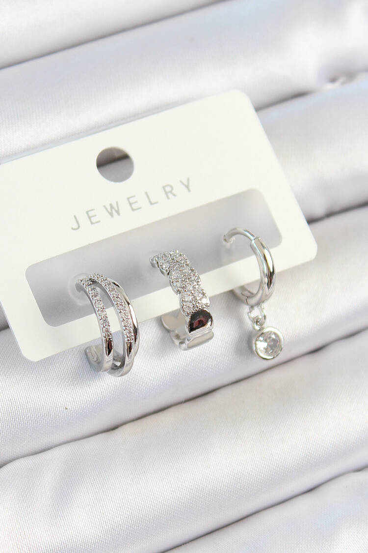 Brass Zircon Stone Ring Pattern Silver Color 3 Pcs Couple Women Earrings Set - Brand: Ebijuteri - Women's Clothing Wholesale - Globality Store