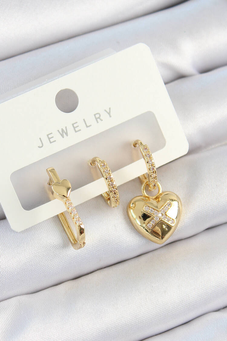 Brass Zircon Stone Heart Model Gold Color 3 Pcs Couple Women Earrings Set - Brand: Ebijuteri - Women's Clothing Wholesale - Globality Store