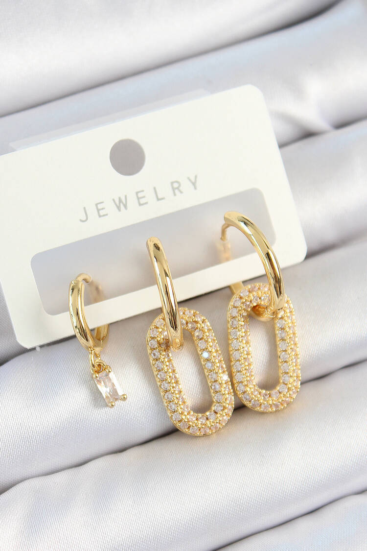 Brass Zircon Stone Rectangle Model Gold Color 3 Pcs Couple Women Earrings Set - Brand: Ebijuteri - Women's Clothing Wholesale - Globality Store