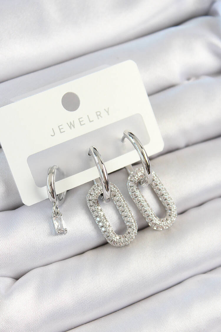 Brass Zircon Stone Rectangle Pattern Silver Color 3 Pcs Couple Women Earrings Set - Brand: Ebijuteri - Women's Clothing Wholesale - Globality Store