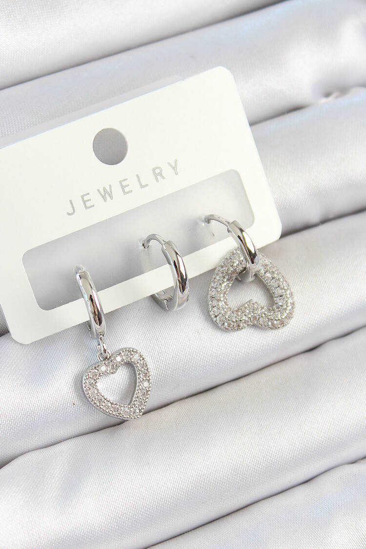 Brass Zircon Stone Heart Model Silver Color 3 Pcs Couple Women Earrings Set - Brand: Ebijuteri - Women's Clothing Wholesale - Globality Store