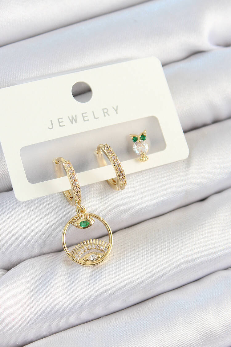 Brass Zircon Stone Eye And Owl Model Gold Color 3 Piece Couple Women Earrings Set - Brand: Ebijuteri - Women's Clothing Wholesale - Globality Store