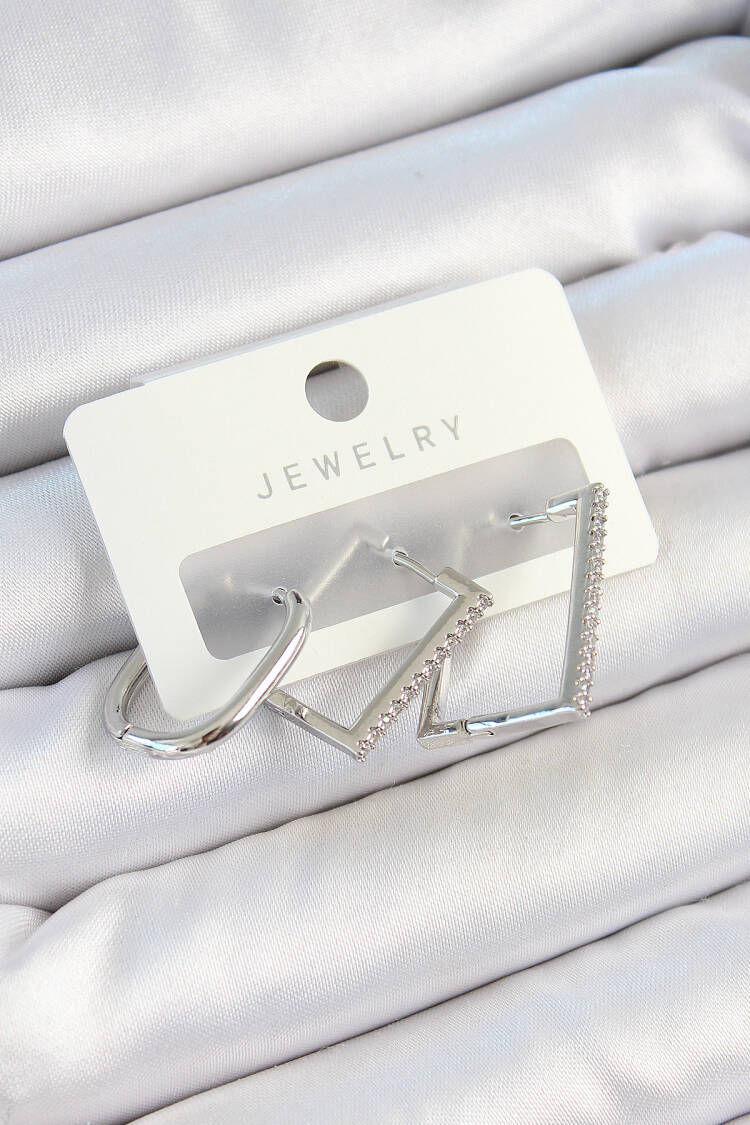 Brass Zircon Stone Rectangle Pattern Silver Color 3 Pcs Couple Women Earrings Set - Brand: Ebijuteri - Women's Clothing Wholesale - Globality Store