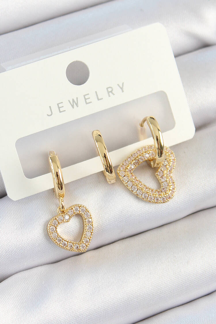 Brass Zircon Stone Heart Model Gold Color 3 Pcs Couple Women Earrings Set - Brand: Ebijuteri - Women's Clothing Wholesale - Globality Store