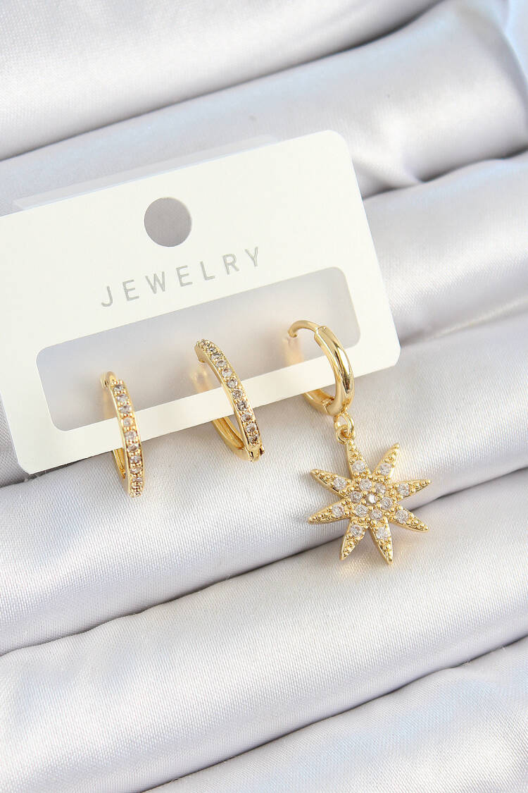Brass Zircon Stone Pole Star Model Gold Color 3 Piece Couple Women Earrings Set - Brand: Ebijuteri - Women's Clothing Wholesale - Globality Store