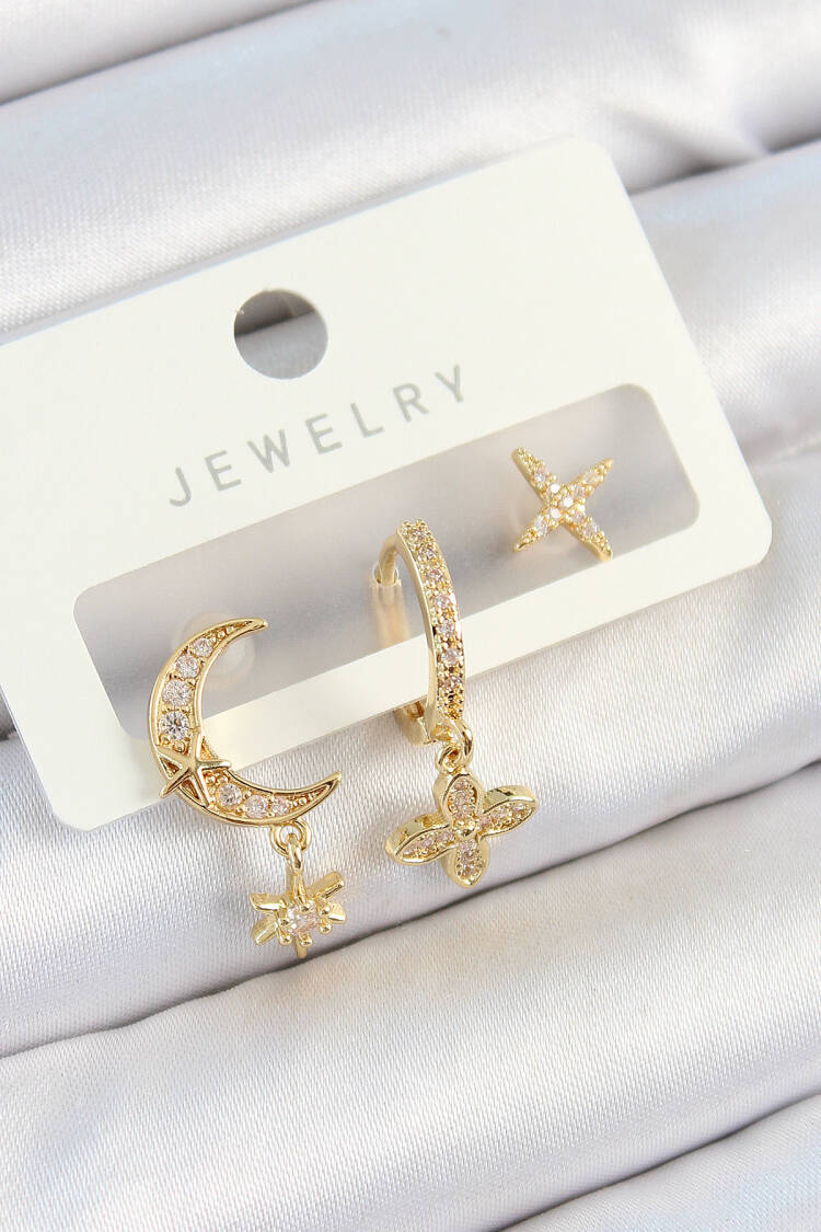 Brass Zircon Stone Flower And Moon Pattern Gold Color 3 Pcs Couple Women Earrings Set - Brand: Ebijuteri - Women's Clothing Wholesale - Globality Store