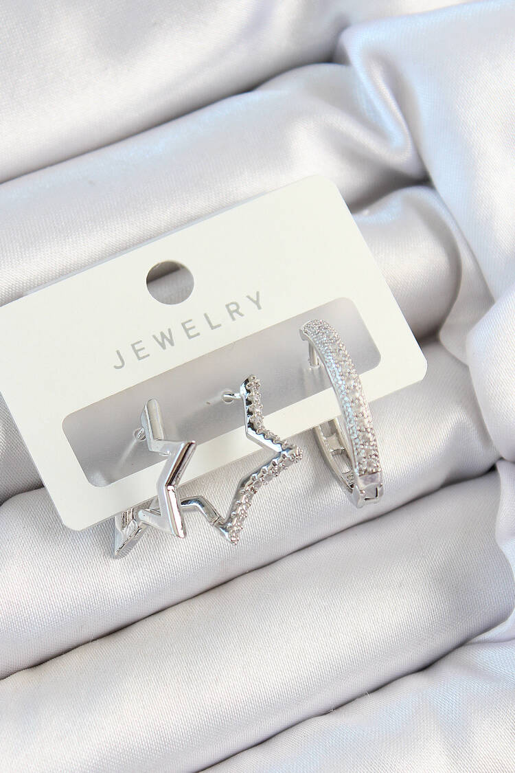 Brass Zircon Stone Star And Ring Pattern Silver Color 3 Pcs Couple Women Earrings Set - Brand: Ebijuteri - Women's Clothing Wholesale - Globality Store