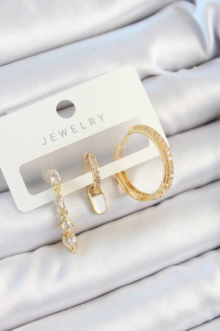 Brass Zircon Stone Rocking Pattern Gold Color 3 Pcs Couple Women Earrings Set - Brand: Ebijuteri - Women's Clothing Wholesale - Globality Store