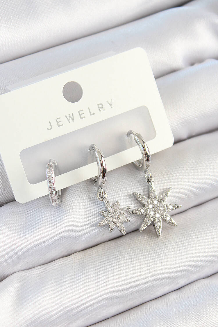 Brass Zircon Stone Pole Star Model Silver Color 3 Pcs Couple Women Earrings Set - Brand: Ebijuteri - Women's Clothing Wholesale - Globality Store