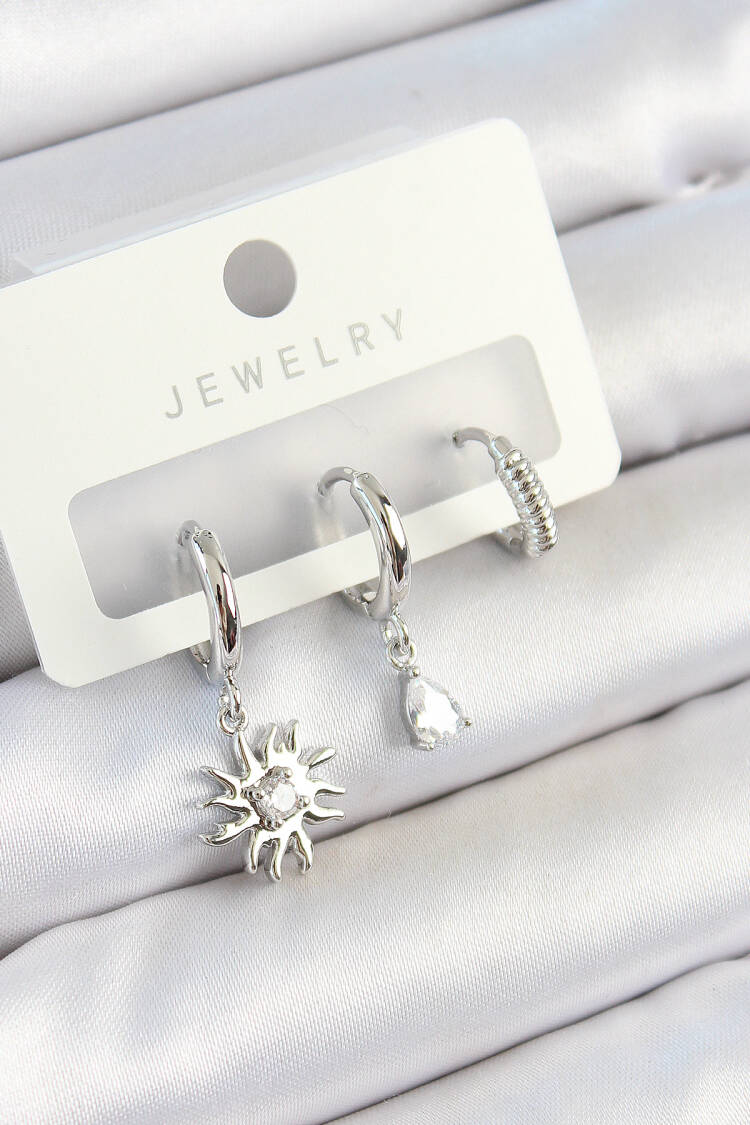 Brass Zircon Stone Sun Model Silver Color 3 Pcs Couple Women Earrings Set - Brand: Ebijuteri - Women's Clothing Wholesale - Globality Store